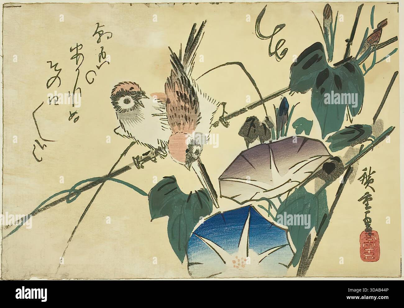 Utagawa Hiroshige, Spatzen und Morning Glories, 1830er Jahre, kach-e Stock Vektor