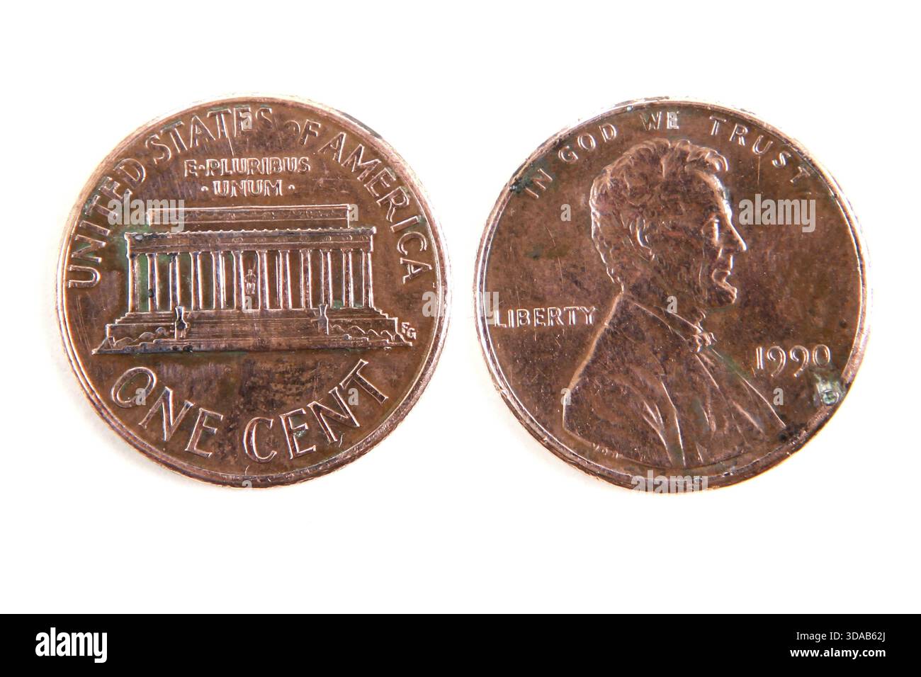Eine Cent-Dollar-Münze zwei Seiten einer Münze isoliert auf weißem Hintergrund Stockfoto