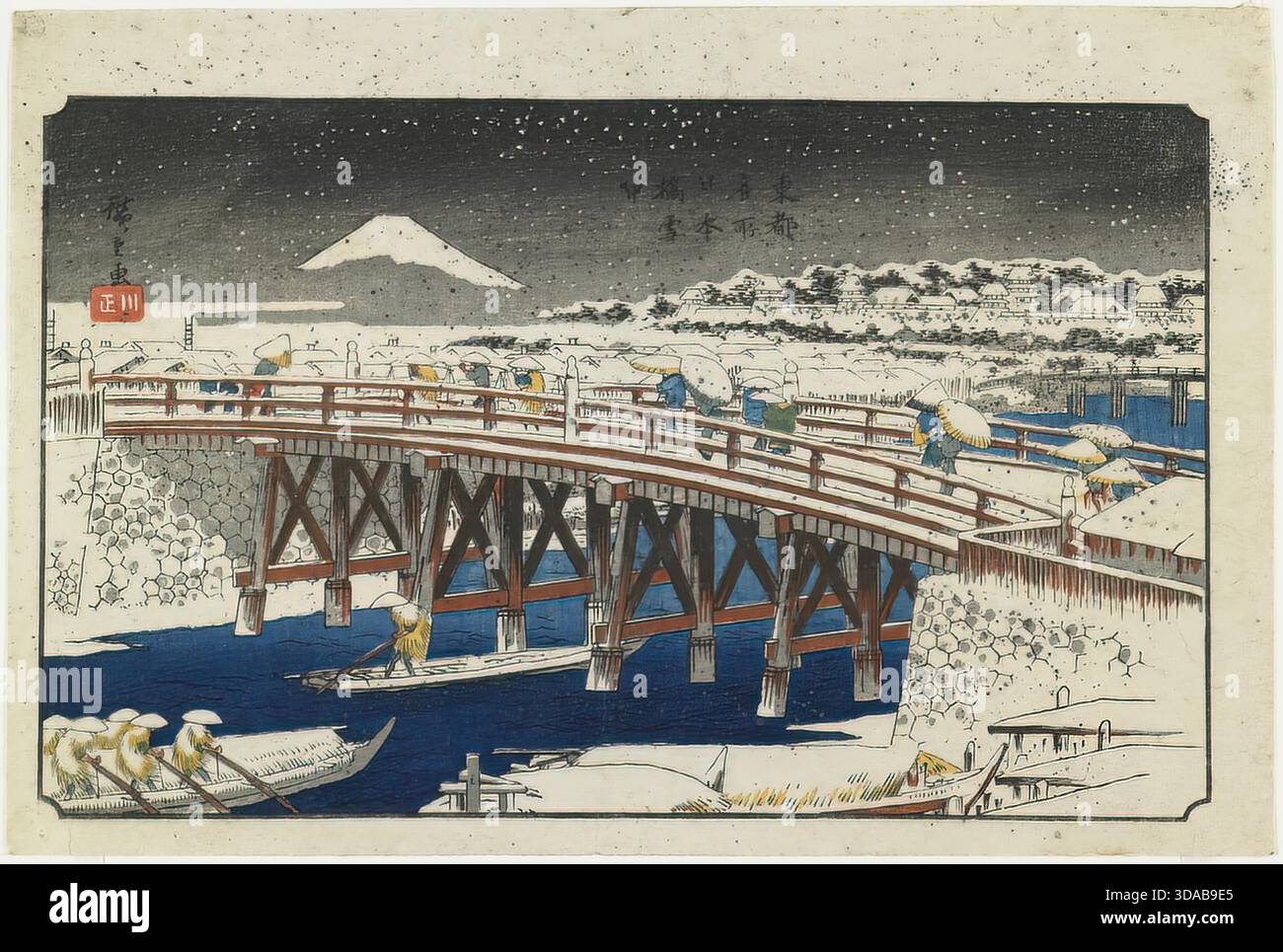 Utagawa Hiroshige, Nihonbashi Bridge in Snow, 18391842, Winterszene Stock Vektor