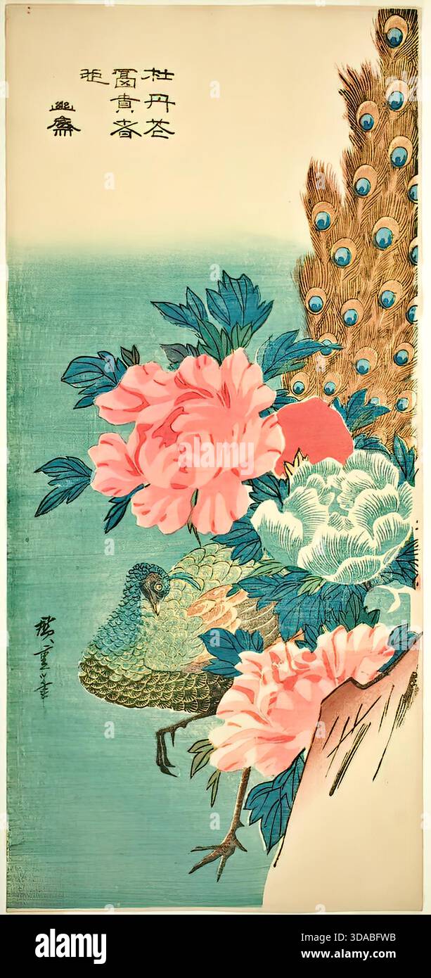 Utagawa Hiroshige, Pfau und Pfingstrosen, 1845, florale Szene Stock Vektor