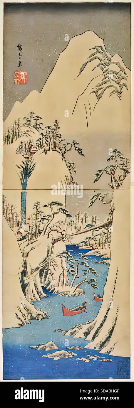 Utagawa Hiroshige, Schnee am Fuji River, 1842, Landschaft Stock Vektor