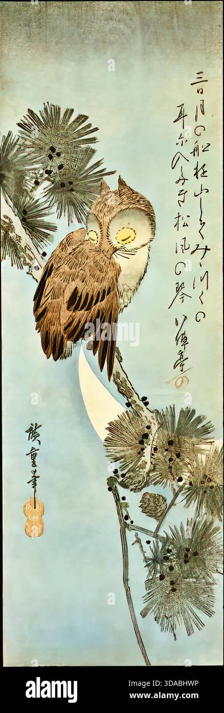 Utagawa Hiroshige, Owl and Crescent Moon on Pine, 1850er Jahre, Night kach-e Stock Vektor