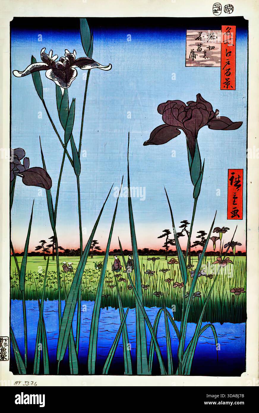 Utagawa Hiroshige, Irise in Horikiri, 1857, florale Szene Stock Vektor