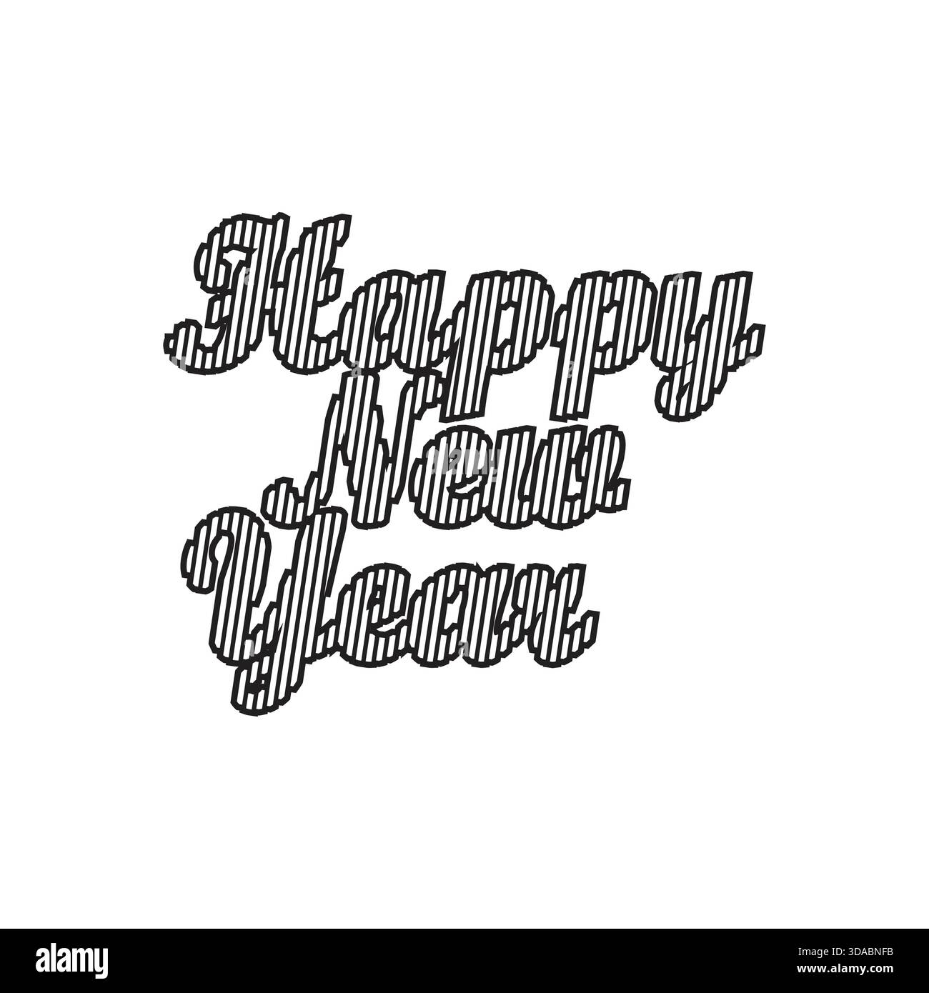 In Schwarz-weiß umrissenes Happy New Year-Typografie mit kunstvoll gestreiften Schriftzügen, perfekt für festliche Grafiken und Grußkarten Stock Vektor
