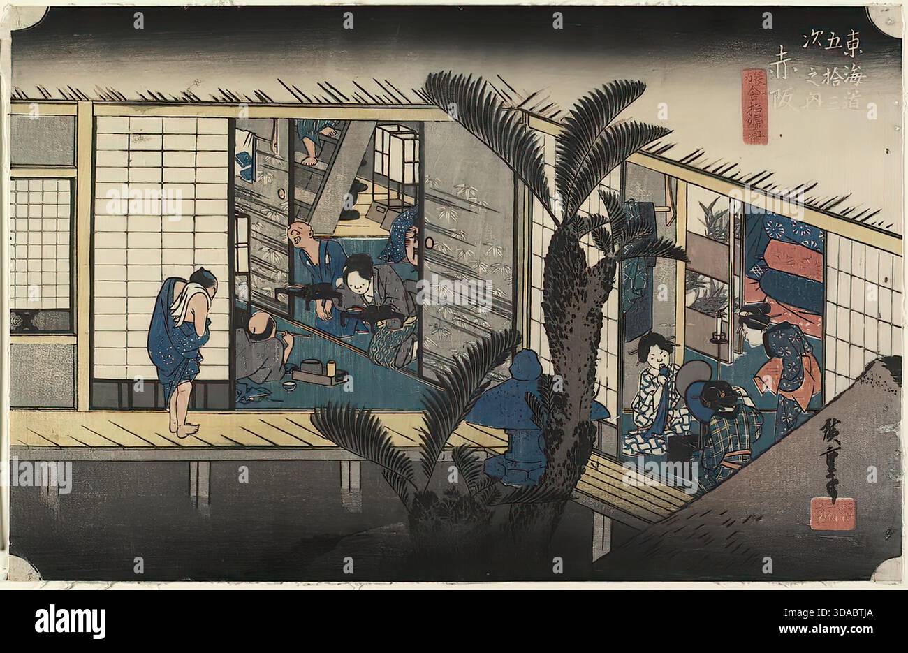 Utagawa Hiroshige, Gasthaus mit Dienstmädchen Akasaka, 1833, Genre Stock Vektor
