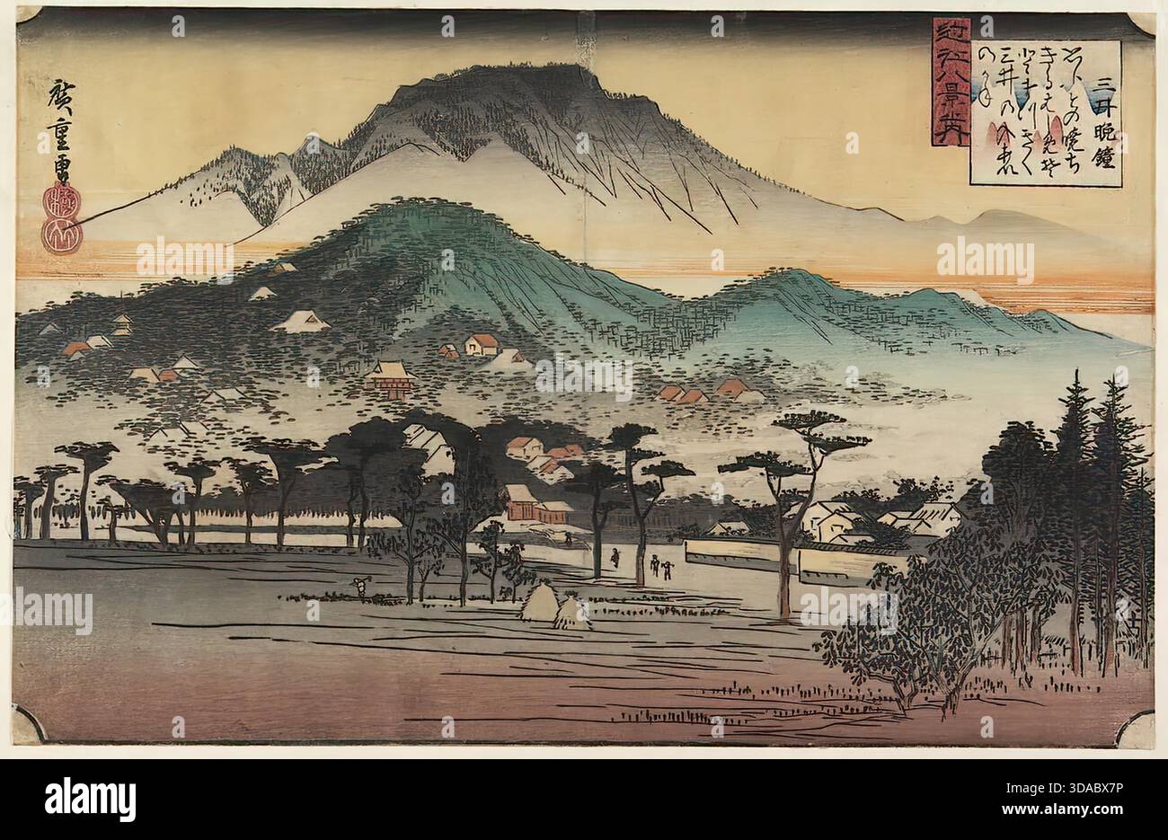 Utagawa Hiroshige, Abendglocken in Miidera, 1834, Tempelszene Stock Vektor
