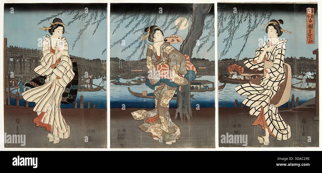 Utagawa Hiroshige, Sommerabend Ryogoku, 1850, Flussszene Stock Vektor