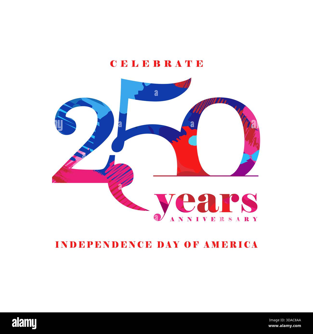 Feiern Sie 250-jähriges Jubiläum USA, Grußkarte mit farbenfrohem Pinselstrich. 250. Jahre Unabhängigkeitstag Amerikas, 4. Juli 2026. Vektorlogo Stock Vektor