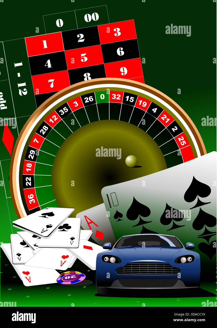 Illustration mit Casino-Spielen wie Poker, Roulette und einem blauen Sportwagen, der Gewinne symbolisiert. Handgezeichnete Abbildung Stock Vektor