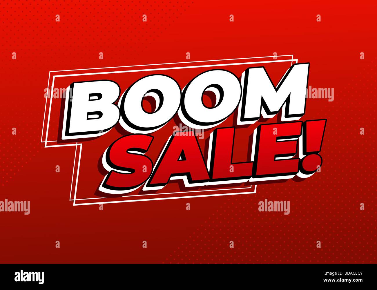 Auffällige rot-weiße Textgrafik mit Boom Sale auf dynamischem rotem Hintergrund. Stock Vektor