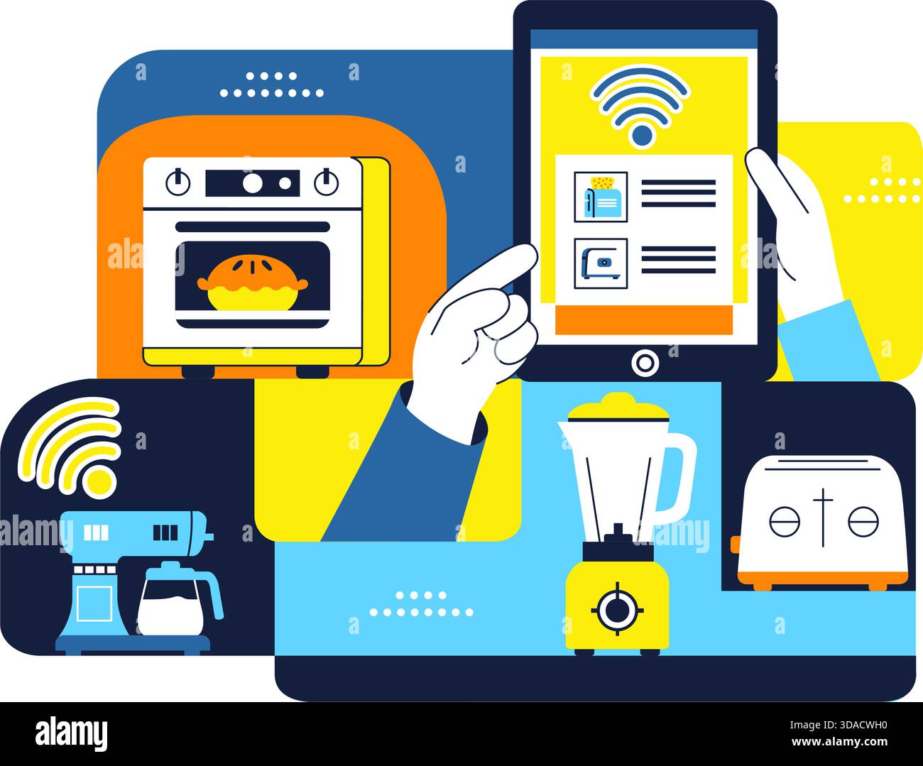 Illustration für intelligente Küchengeräte für modernes Zuhause mit vernetzter Kochtechnologie und innovativen digitalen Haushaltsgeräten im Hintergrund Stock Vektor