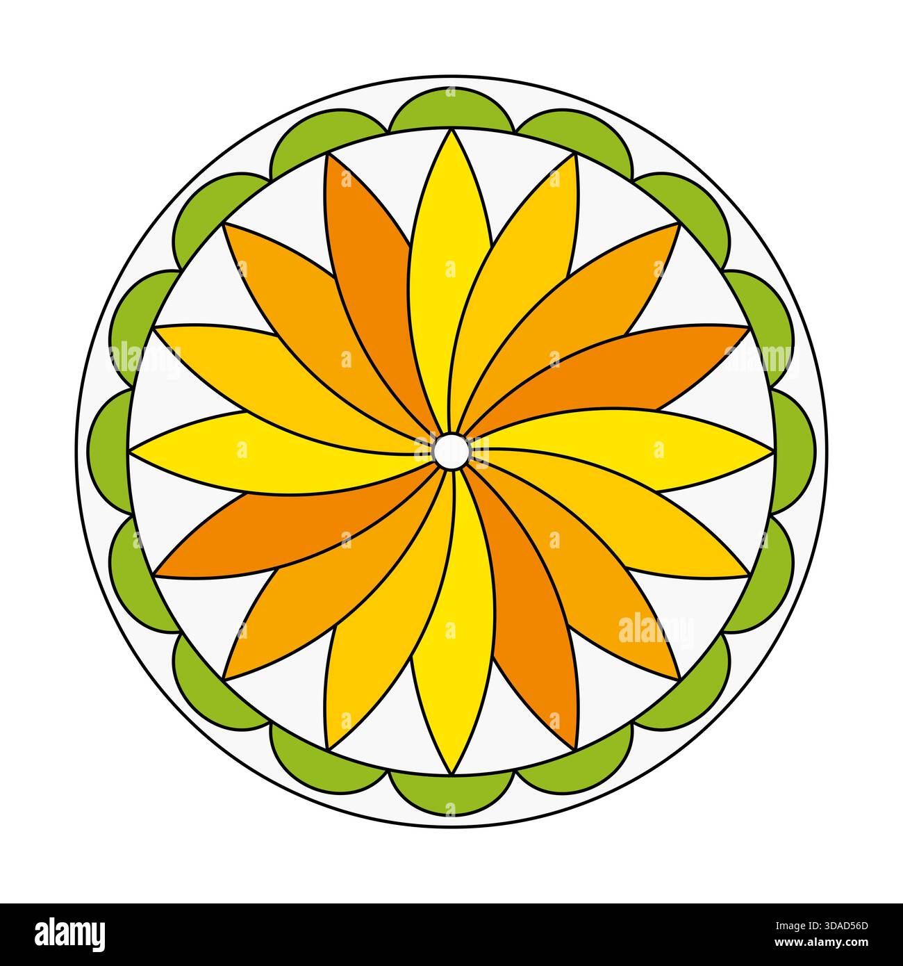 Hexadezimalzeichen mit sechzehnspitzer Rosette, Symbol für die lebenspendende Kraft der Sonne und des Pflanzenwachstums. Motiv im Stil der holländischen Volkskunst von Pennsylvania. Stockfoto