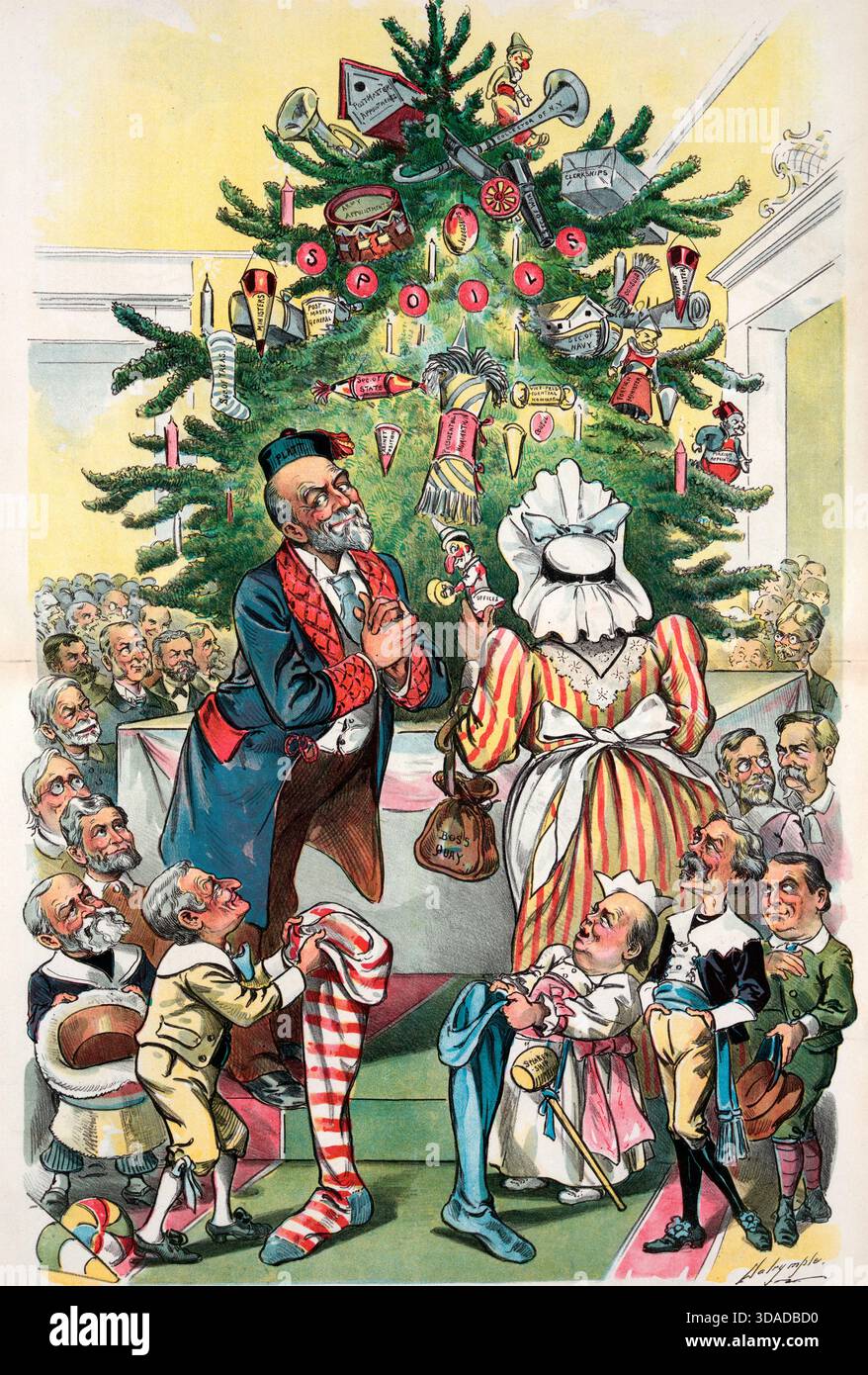 Der Druck zeigt einen großen Weihnachtsbaum, der mit Ornamenten verziert ist, die mit politischen Ämtern und Präsidentenbesetzungen gekennzeichnet sind; Thomas C. Platt und Matthew S. Quay, der als Frau gekleidet ist, stehen vor dem Baum und in Schlangen auf beiden Seiten stehen winzige Figuren, die ängstlich auf ihre Geschenke warten, darunter Jerry Simpson, Joseph B. Foraker, William E. Chandler, William McKinley, von rechts nach links. Whitelaw Reid, Thomas B. Reed, Levi P. Morton, Benjamin Harrison, William B. Allison, George F. Hoar, John Sherman, Chauncey M. Depew und Robert T. Lincoln. Politischer Cartoon, 1895 Stockfoto