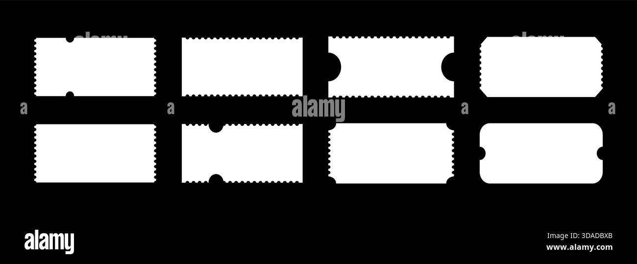 Billette-Mockups auf schwarzem Hintergrund zulassen. Muster der Eintrittskarte für Kino, Festival, Kasino, Zirkus, Theater, club. Leere flache Vorlagen. Einfaches Boardin Stock Vektor