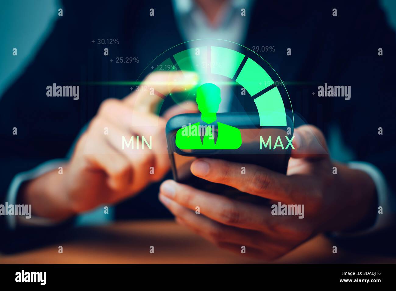 Über einem Smartphone angezeigtes digitales Leistungsmessgerät, das die Unternehmensbewertung, KPI-Verfolgung, Mitarbeiterleistungsanalyse und Produktentwicklung darstellt Stockfoto