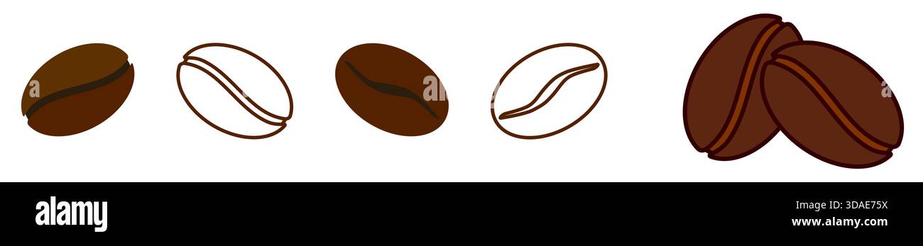 Satz von einfachen Kaffeebohnen Symbole - leichte Variationen, gefüllt und Umriss Version Stockfoto