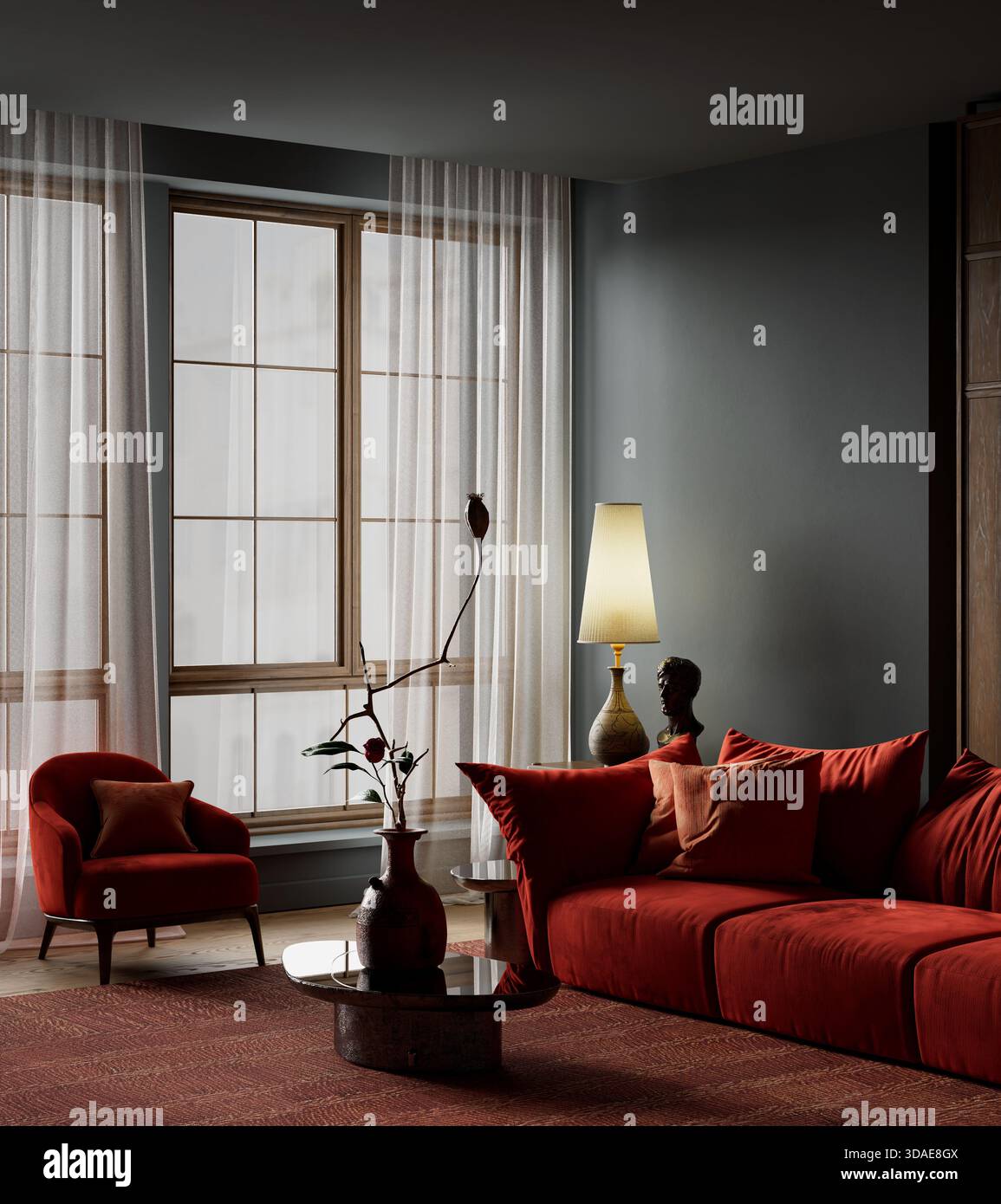 Modernes dunkles, stimmungsvolles Interieur mit satten roten Sitzgelegenheiten, dezenter Beleuchtung und zeitgenössischer Wohnästhetik, entworfen für raffinierte gemütliche Home styl Stockfoto