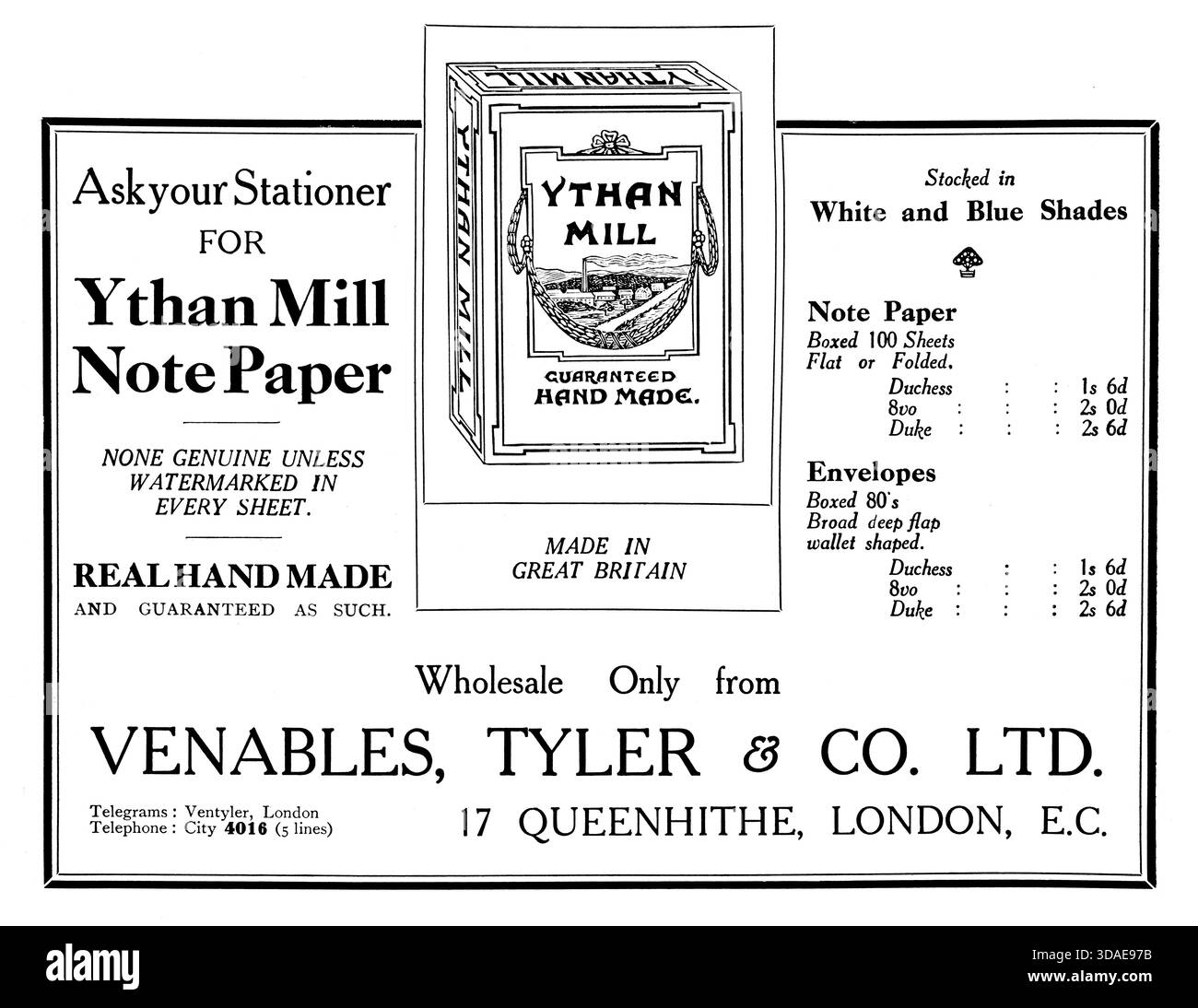 1914 Venables, Tyler & Co, Ythan Mill, Papier, Made in Great Britain Werbespot des Magazins Studio Stockfoto