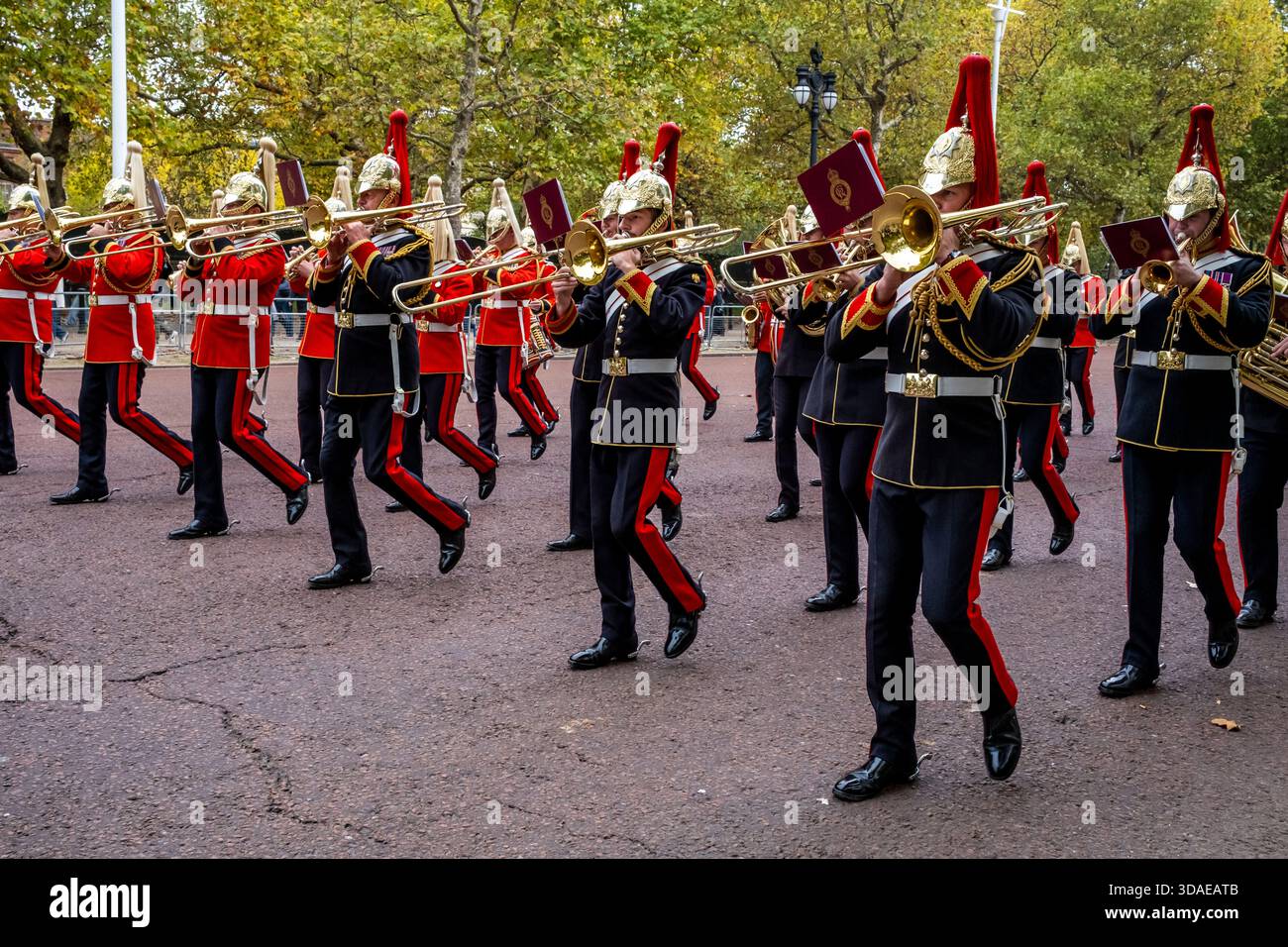 Die Band der Household Cavalry marschiert die Mall während der Sonntagsparade in London, Großbritannien. Stockfoto