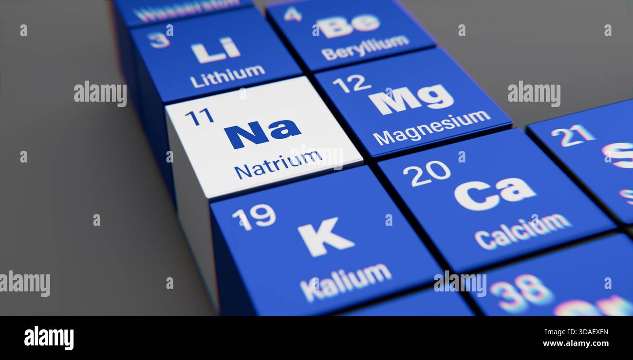 Detailansicht des chemischen Elements Na Natrium mit der Atomzahl 11 im Periodensystem der Elemente in Deutsch. Dynamische Dispersion Stockfoto