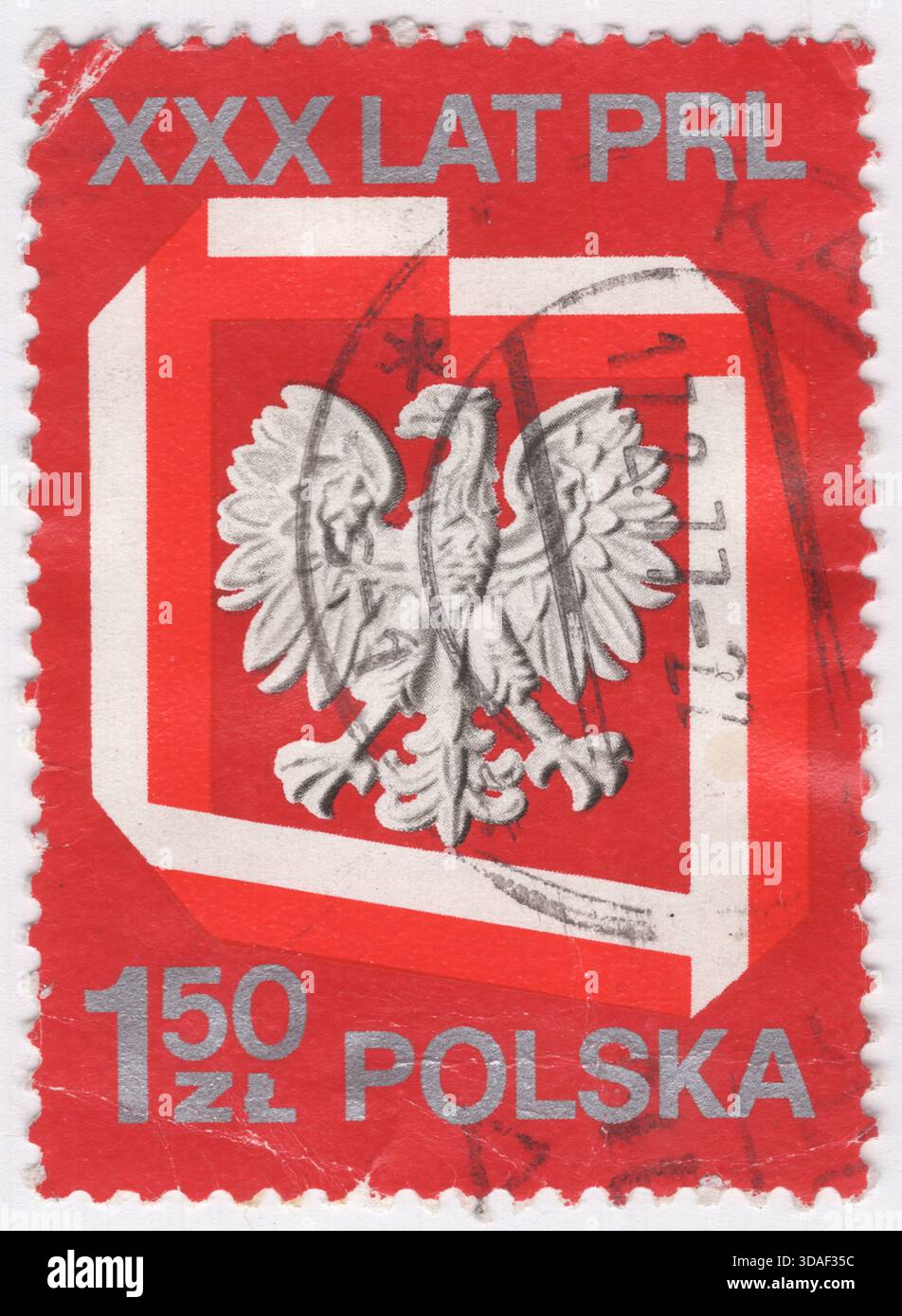 POLEN — 21. Juli 1974: 1,50 Zloty mehrfarbige Briefmarke mit polnischem Adler, 30. Jahrestag der polnischen Volksrepublik, einem Satelliten des Russischen Reiches (d. h. der UdSSR) Stockfoto