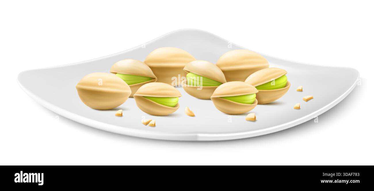 Pistazien auf einer weißen Porzellanplatte isoliert auf weißem Hintergrund. Natürliche Bio-Lebensmittel. Realistische Nüsse. Pistazienkerne sind reif und lecker, ein saurer Stock Vektor