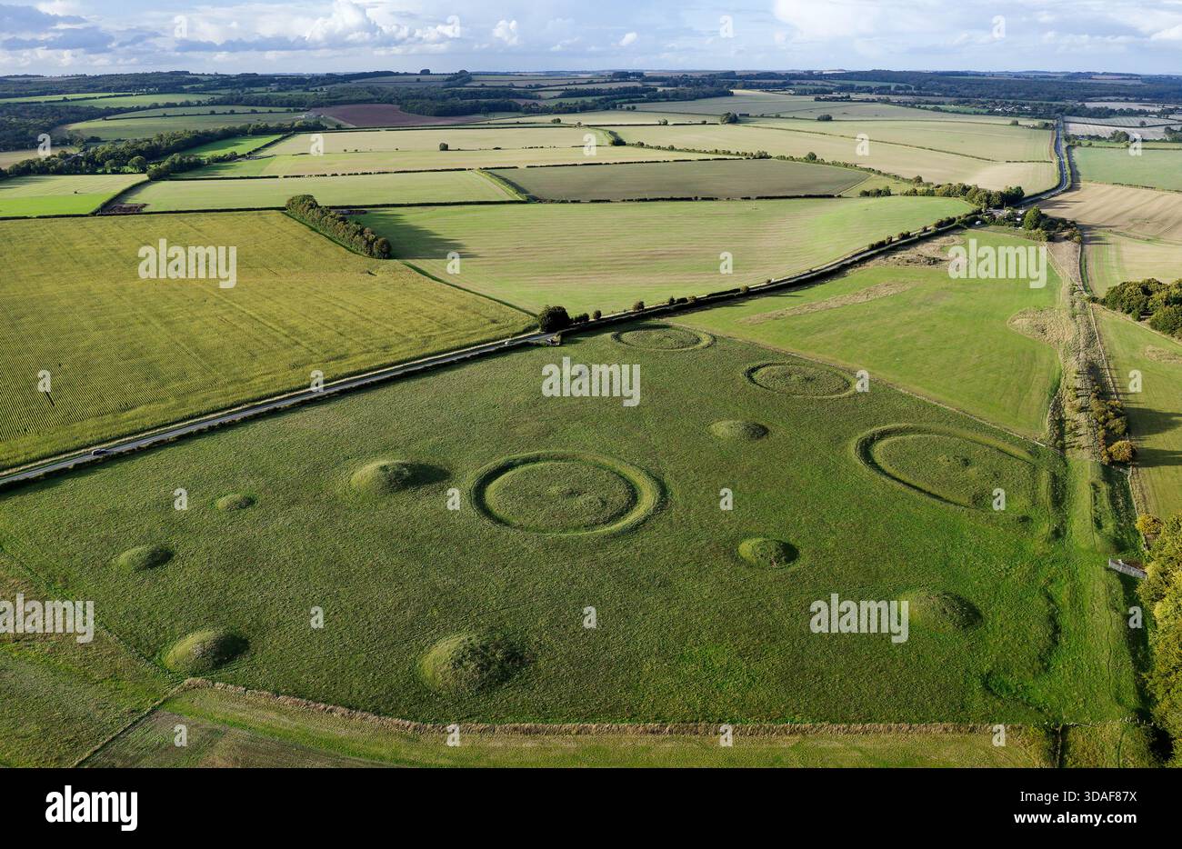 Oakley Down Barrow Cemetery, Dorset. Bronzzeitliche Hügel, Scheiben- und Schüssel-barrow-Inhumation und Einäscherungsbeerdigungen. Ackling Dyke Roman Road auf der rechten Seite Stockfoto