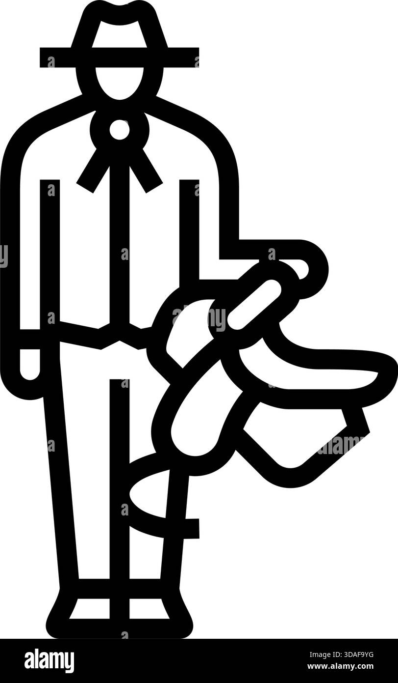 Cowboy, der eine Sattel-Linie-Symbol-Vektor-Illustration packt Stock Vektor