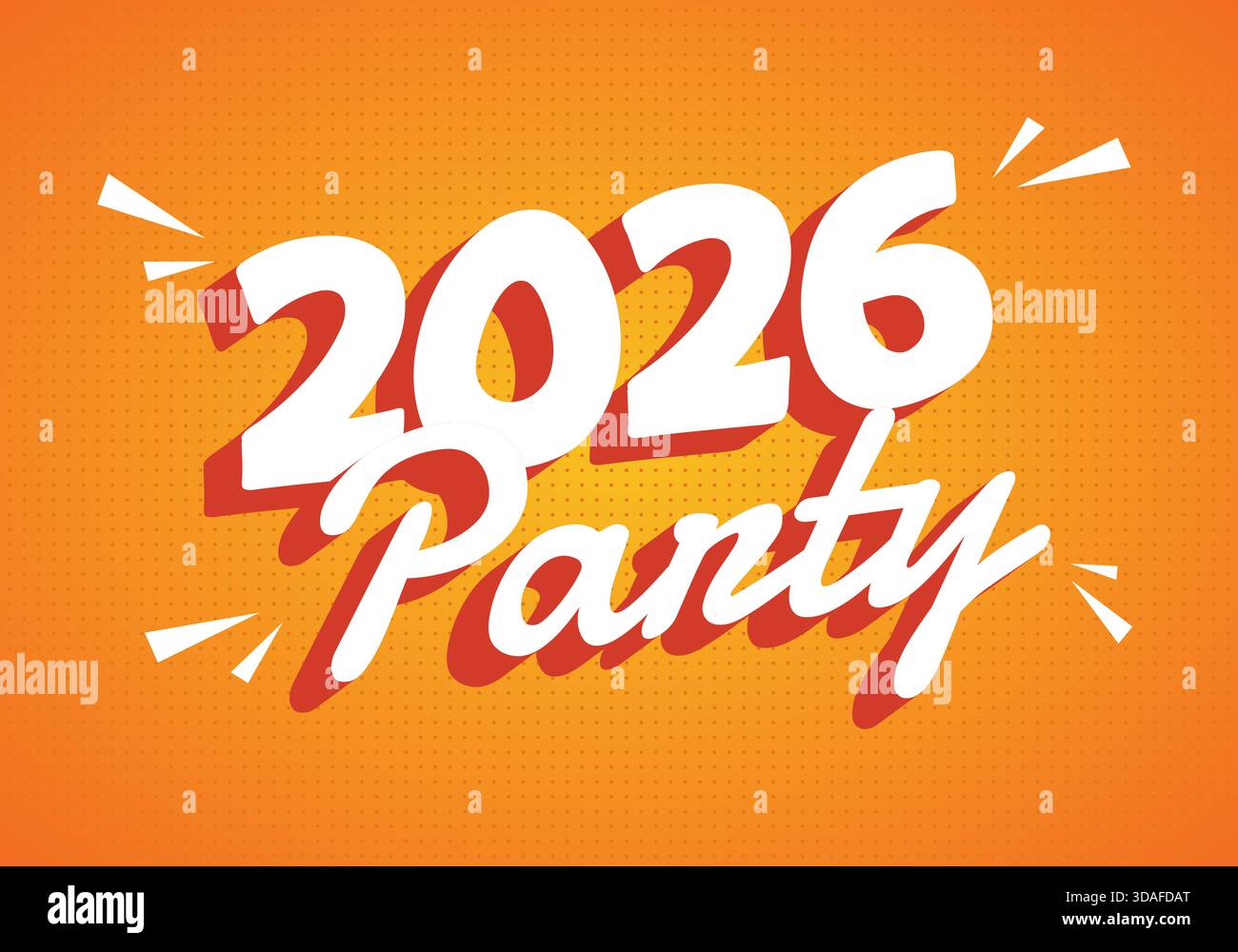 Ein lebendiges Grafikdesign mit dem Text 2026 Party in auffälliger, verspielter Typografie auf orangefarbenem Hintergrund mit dekorativen Elementen. Stock Vektor
