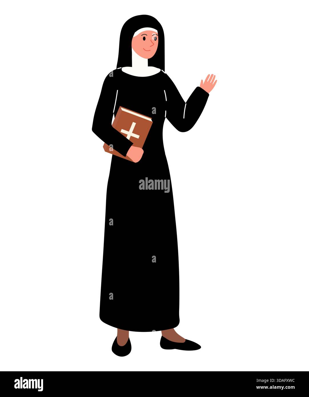 Nonne in Cartoon-Illustration. Sie trägt schwarze Angewohnheit. Ihre Hand wird in Geste des Grußes oder Segens erhoben. Stock Vektor