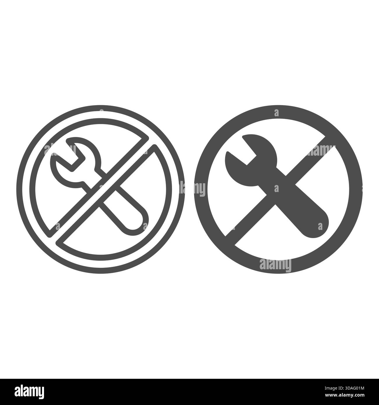 Verbotslinie für Schraubenschlüssel und durchgehendes Symbol, Reparaturkonzept. Vektorgrafiken. Zeichen für verbotene, verbotene Elemente auf weißem Hintergrund, Symbol für Umrissstil für Mobilgeräte oder Stock Vektor