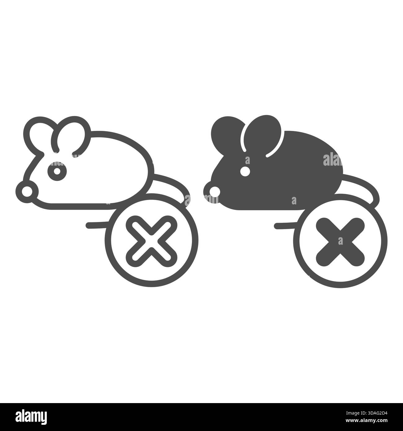 Labormaus-Ban-Linie und festes Symbol, Schädlingskonzept. Vektorgrafiken. Ratte mit Schließknopf, Schild für verbotene Gegenstände auf weißem Hintergrund, Umrissstil Stock Vektor