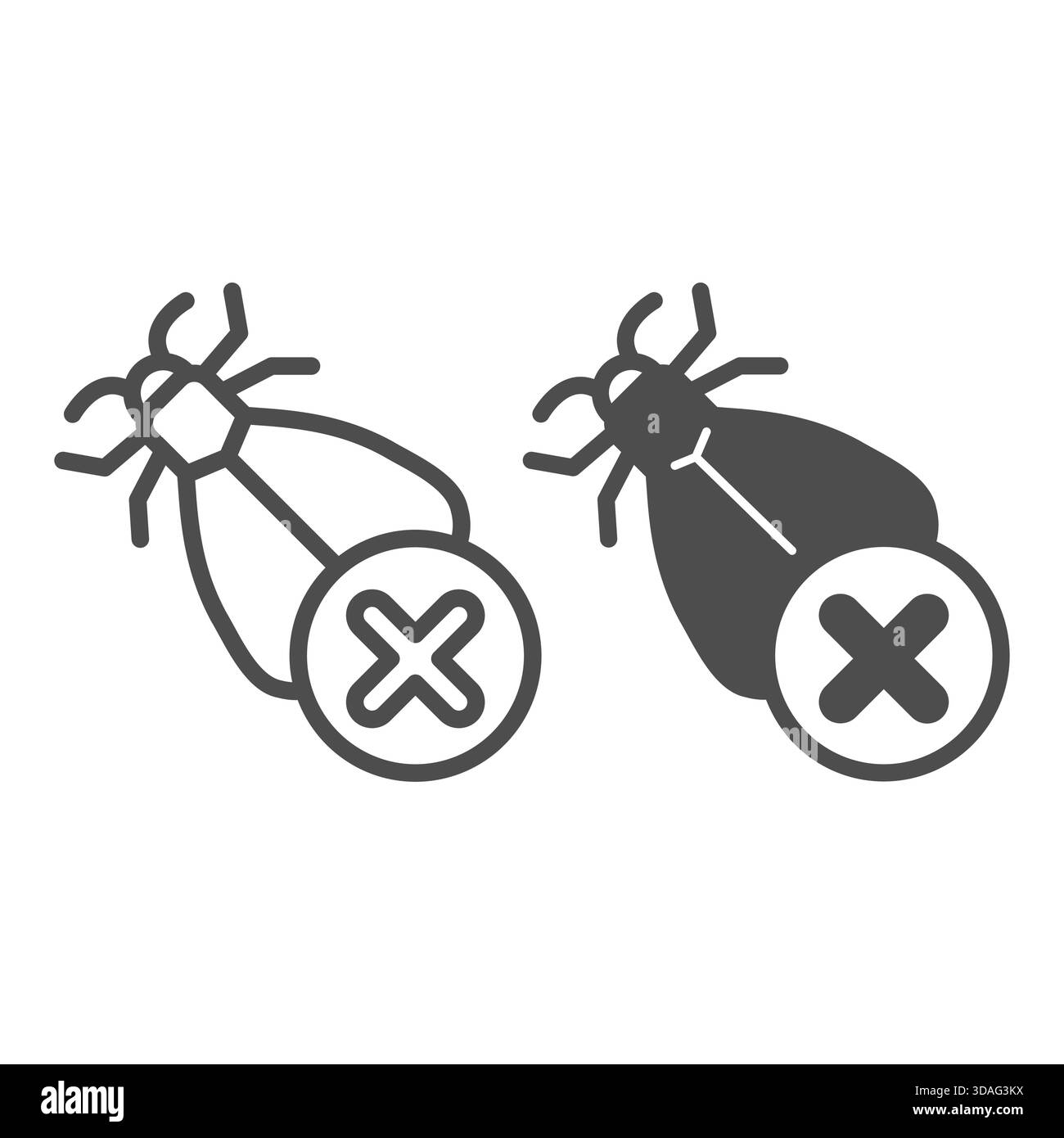 Midge-Ban-Linie und solides Symbol, Schädlingskonzept. Vektorgrafiken. Motte mit Schließen-Taste, Schild für verbotene Elemente auf weißem Hintergrund, Symbol für Umrissstil für Stock Vektor