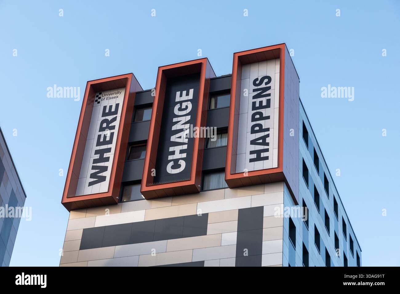 Studentenunterkunft an der Universität Essex, Southend on Sea. Ändern Sie den Slogan in den Wohnheimen des Campus Stockfoto