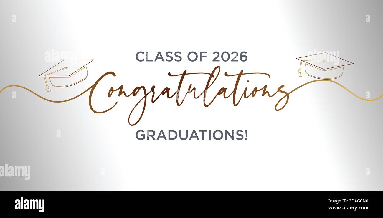 Sauberes und elegantes Banner mit Graduierung der Klasse 2026 mit minimaler Schriftschrifttypografie und zarten goldenen dekorativen Linien Stock Vektor
