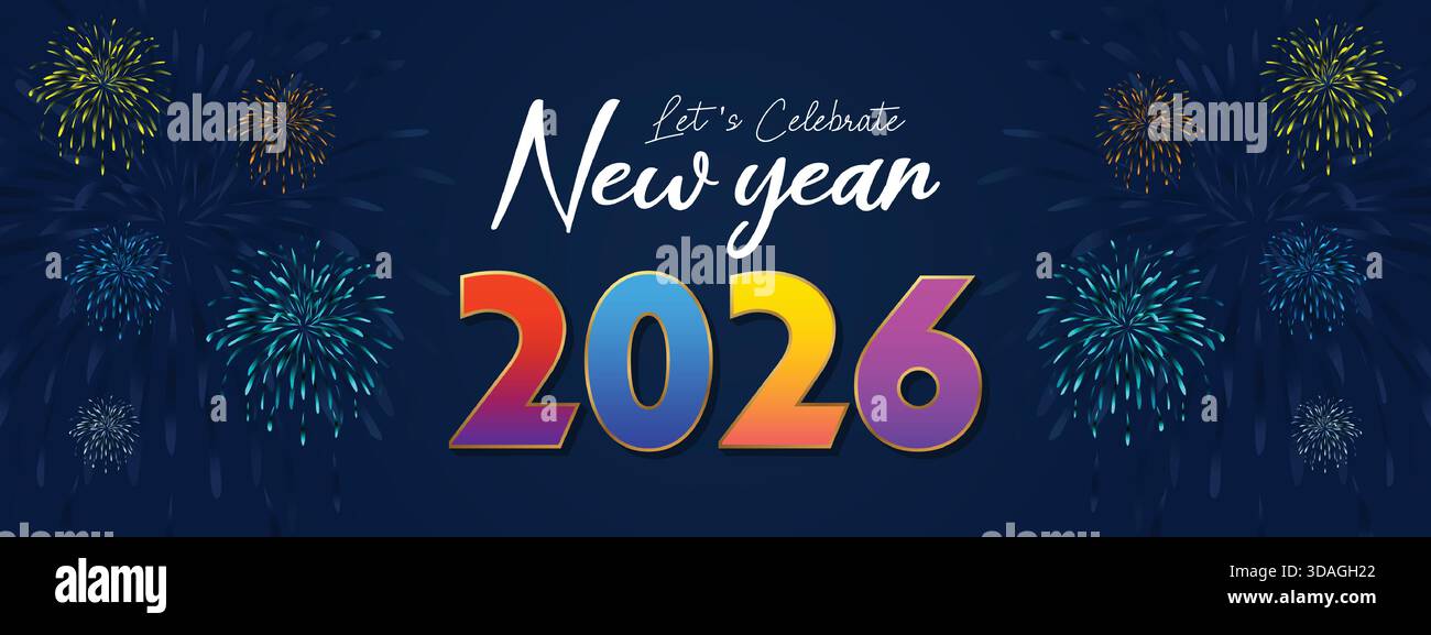 Feuerwerk Burst Color Happy New Year 2026 Banner Stock Vektor