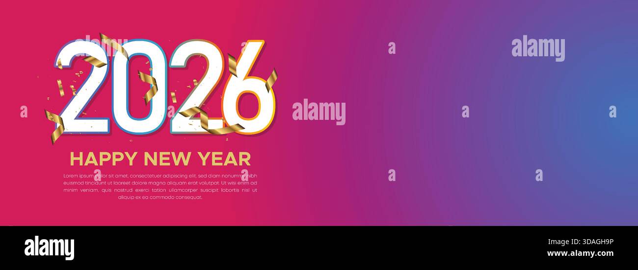 Rosafarbenes Banner mit Farbverlauf 2026 mit elegantem Schriftzug in weiß und weichem Feuerwerk-Motiv Stock Vektor