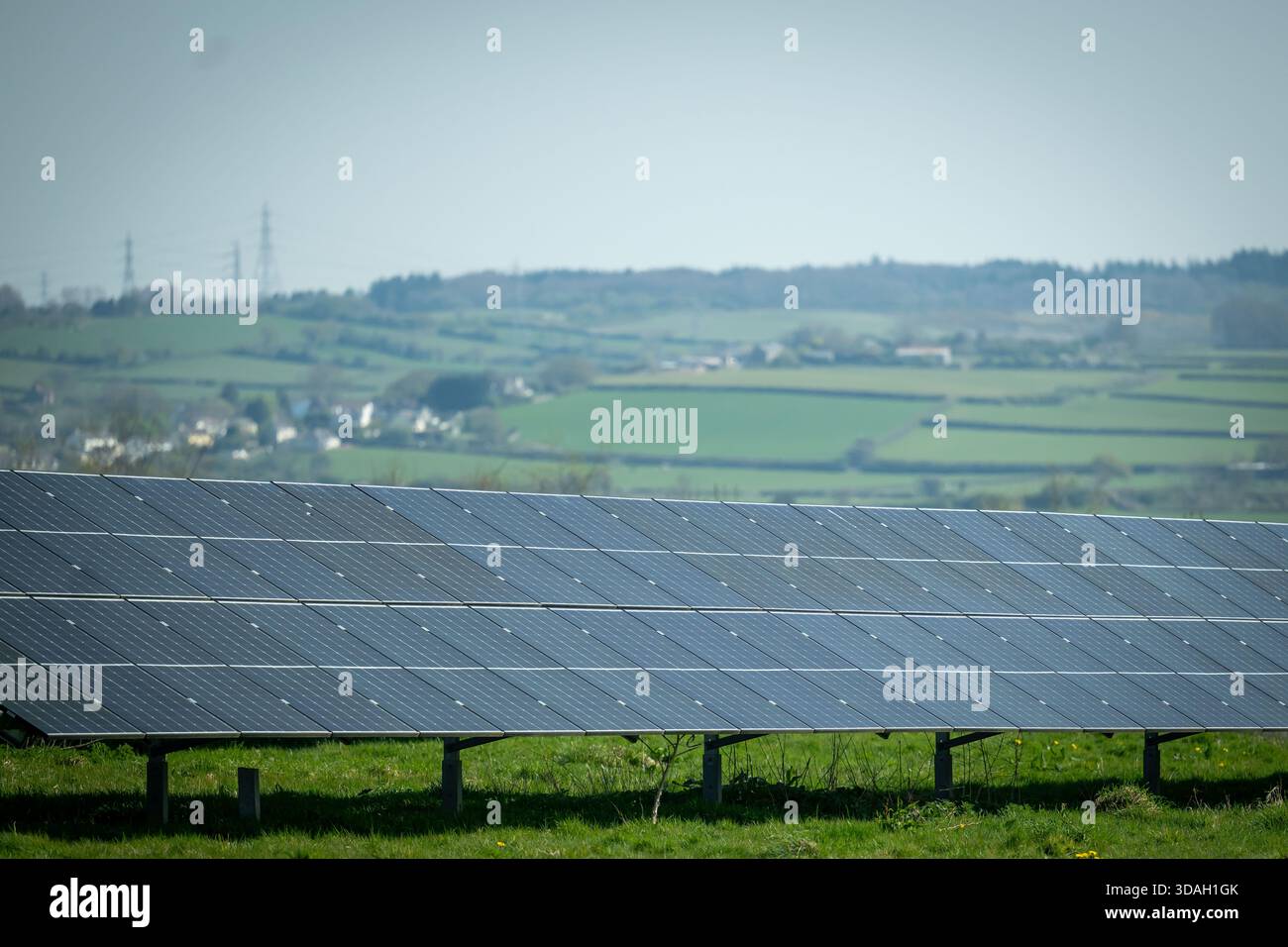 Ein Feld aus Solarpaneelen erstreckt sich über ein grasbewachsenes Feld unter hellem Himmel in Cowbridge, Wales. Stockfoto