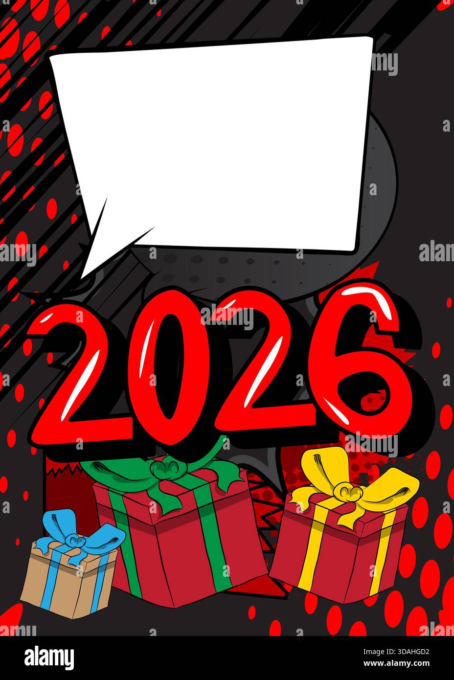 Cartoon Geschenkbox und Nummer 2026 mit leerer Sprechblase, Comic-Buch Feiertagshintergrund. Retro-Vektor-Comics Pop-Art-Design. Stock Vektor