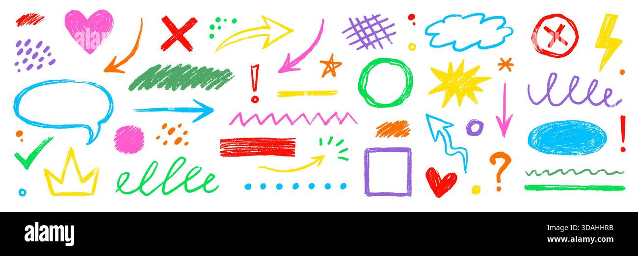 Handgezeichnete Kreidepfeile, Kreidekreise, Punktfarbsatz. Strukturierte Kreidestriche mit kindlichen Kritzeleien, Punkten, Kritzeleien, Bleistiftunterstrichen in Pastellfarben, Stern- und Pfeilelementen. Vektorabbildung Stock Vektor