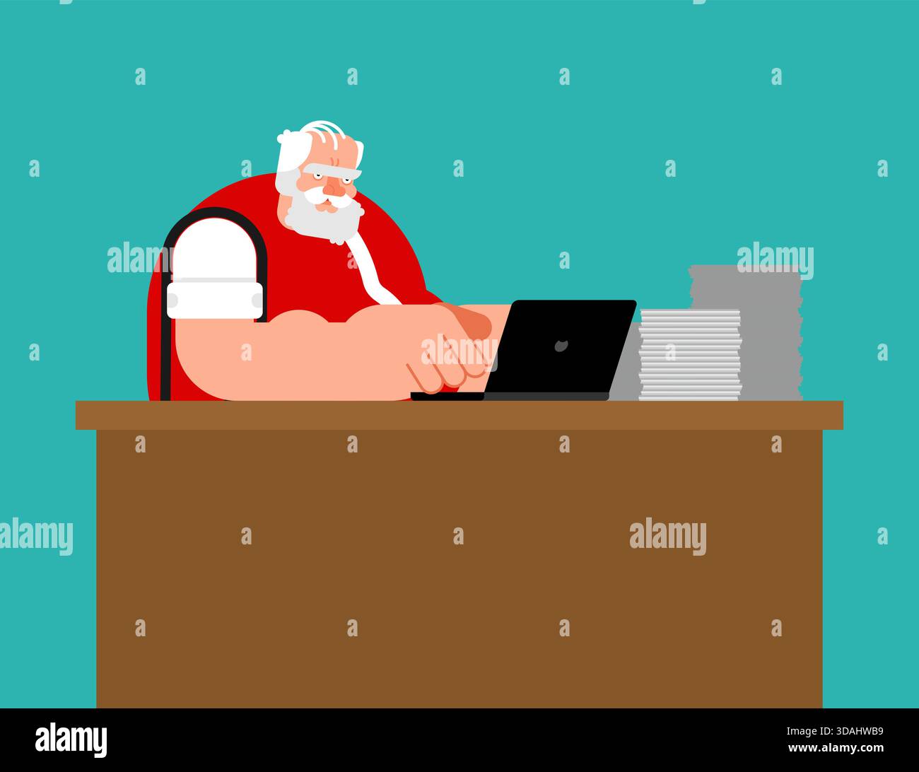 Der Weihnachtsmann arbeitete an einem Laptop an seinem Schreibtisch und konzentrierte sich auf seine Aufgaben. Moderne Feiertags-E-Commerce- und Büroarbeit Vektorkonzept. Stock Vektor