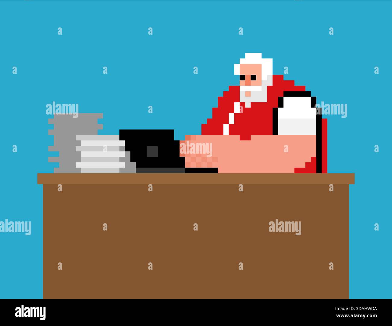 Weihnachtsmann arbeitet an einem Laptop und Monitor im Retro-8-Bit-Pixel-Art-Stil. Modernes E-Commerce-Gaming-Asset für Feiertage. Stock Vektor