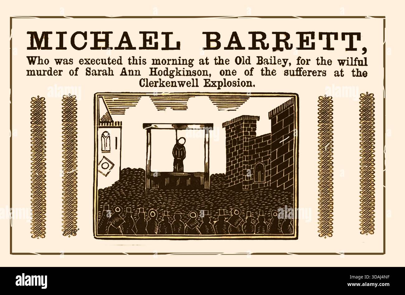 1867, der von einem Bericht über die öffentliche Erhängung von Michael Barrett im Old Bailey, London, wegen des Mordes an Sarah Ann Hodgkinson, einer von denen, die bei der Explosion der Clerkenwell Fenian getötet wurden. Er war einer von mehreren Fenianern, aber der einzige, der für schuldig befunden wurde. Er war auch der letzte Mann, der öffentlich in England gehängt wurde, für seinen Teil am Bombenanschlag im Dezember 1867, bei dem 12 Umstehende getötet und viele weitere schwer verletzt wurden. Stockfoto