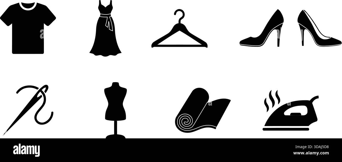 Set aus schwarzen Silhouettensymbolen für Mode, Bekleidung, Nähen und Bekleidungspflege. Dieses Vektorset umfasst Kleidung, Schuhe, Bügeln und Schneiderei Stock Vektor