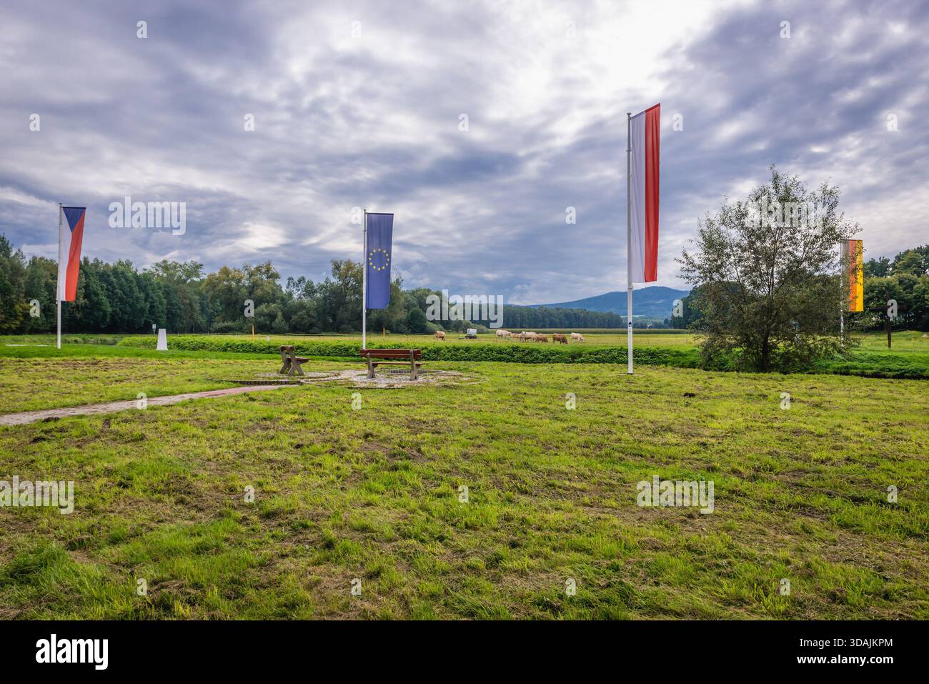 Dreiländereck mit Polen, der Tschechischen Republik und Deutschland Grenzen in der Nähe von Polsih Dorf Porajow, Tschechische Stadt Hrádek nad Nisou und deutschen Stadt Zittau Stockfoto