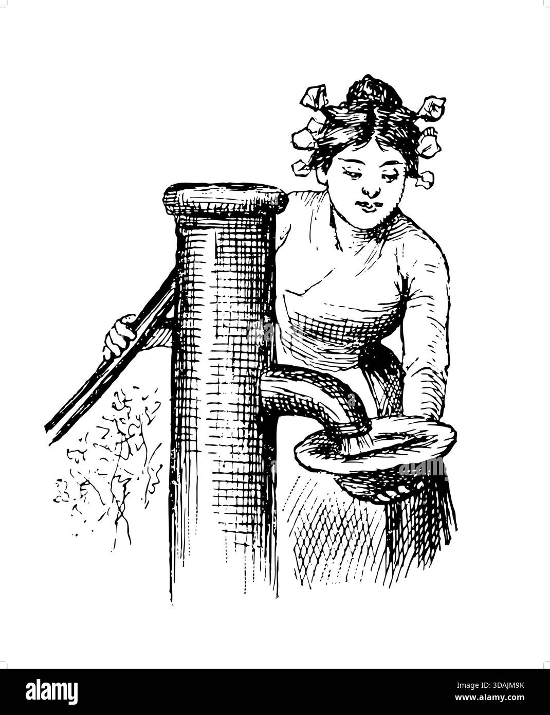 Eine Dame mit Zöpfen und Bögen, die Wasser aus einem Brunnen pumpt, Handpumpe, in eine Schüssel. Stock Vektor