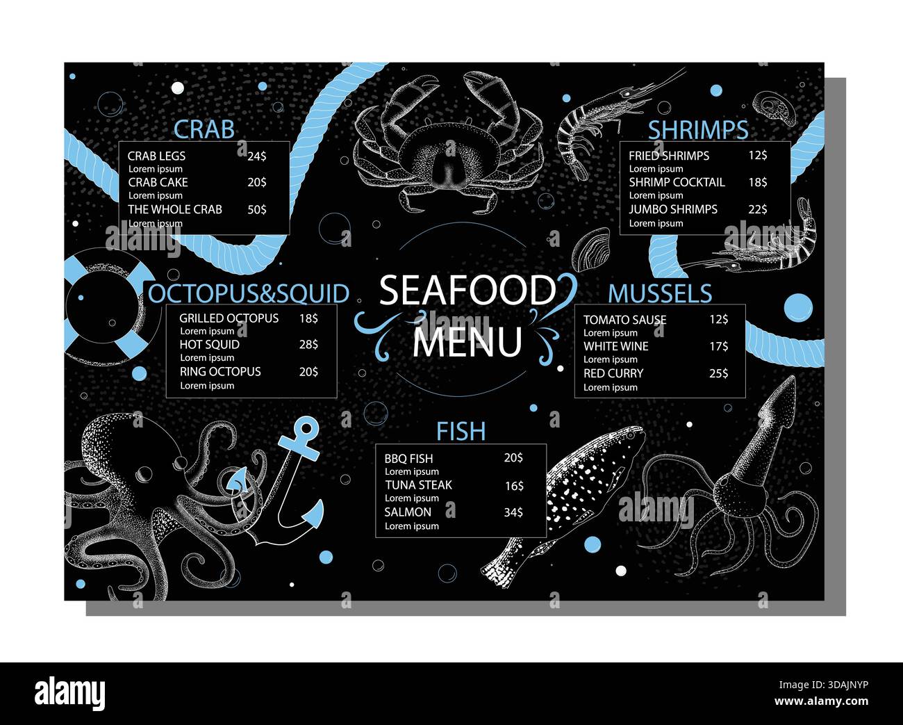 Stilisiertes Meeresfrüchte-Menü auf schwarzem Hintergrund mit weißen und blauen Illustrationen von Krabben, Tintenfischen, Garnelen, Muscheln, und Fisch Stockfoto