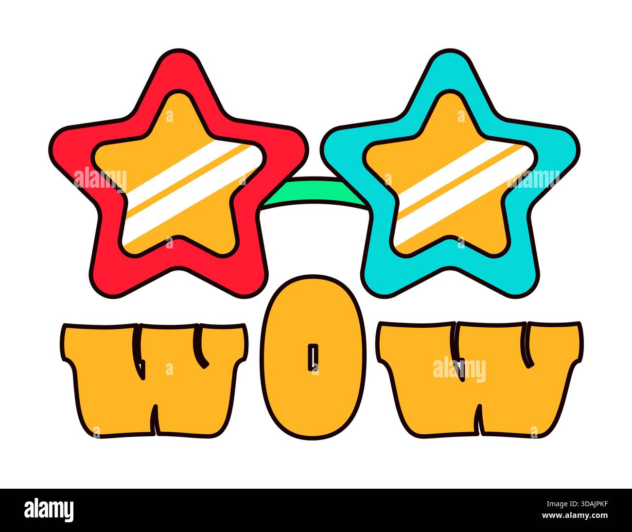 Bunte Discobrille mit sternförmigen Rahmen und Text Wow für das Silvesterkostüm. Neujahrsaufkleber oder Geschenkgutschein im alten Stil von 2000. Cartoon Y2K Stock Vektor