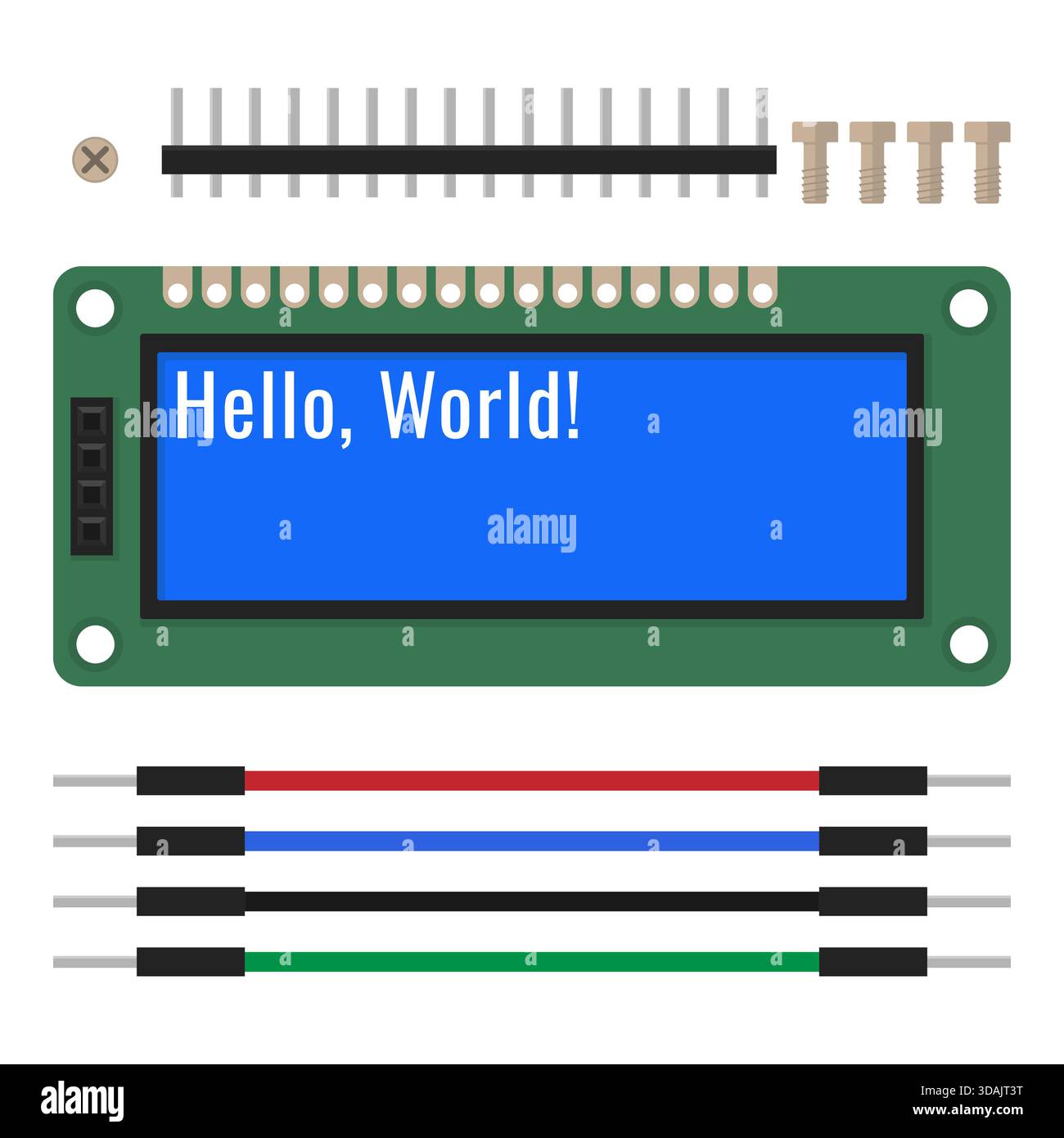 LCD-Bildschirm mit Hello World-Nachricht. Elektronikmodul-Kit mit Display- und Verdrahtungskomponenten Stock Vektor