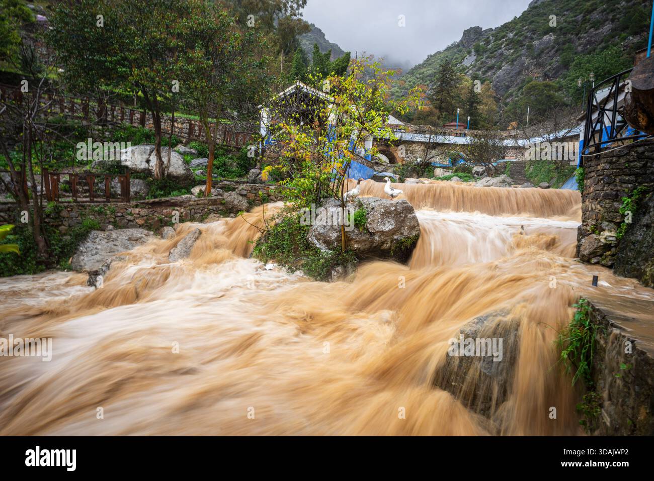 Sintflutartiger Regen und geschwollener Fluss, Ras el Maa Brunnen, Chefchaouen, Rif Berge, Marokko, Nordafrika. Stockfoto